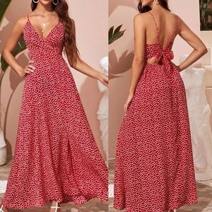 Boho red floral print open tie back back maxi dress